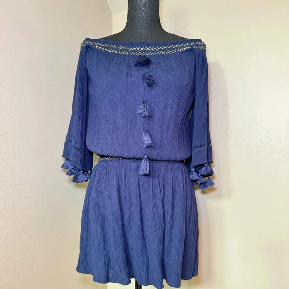 Lilly Pulitzer Joelle Off Shoulder True Navy Blue Mini Dress size XS‎ tassels
